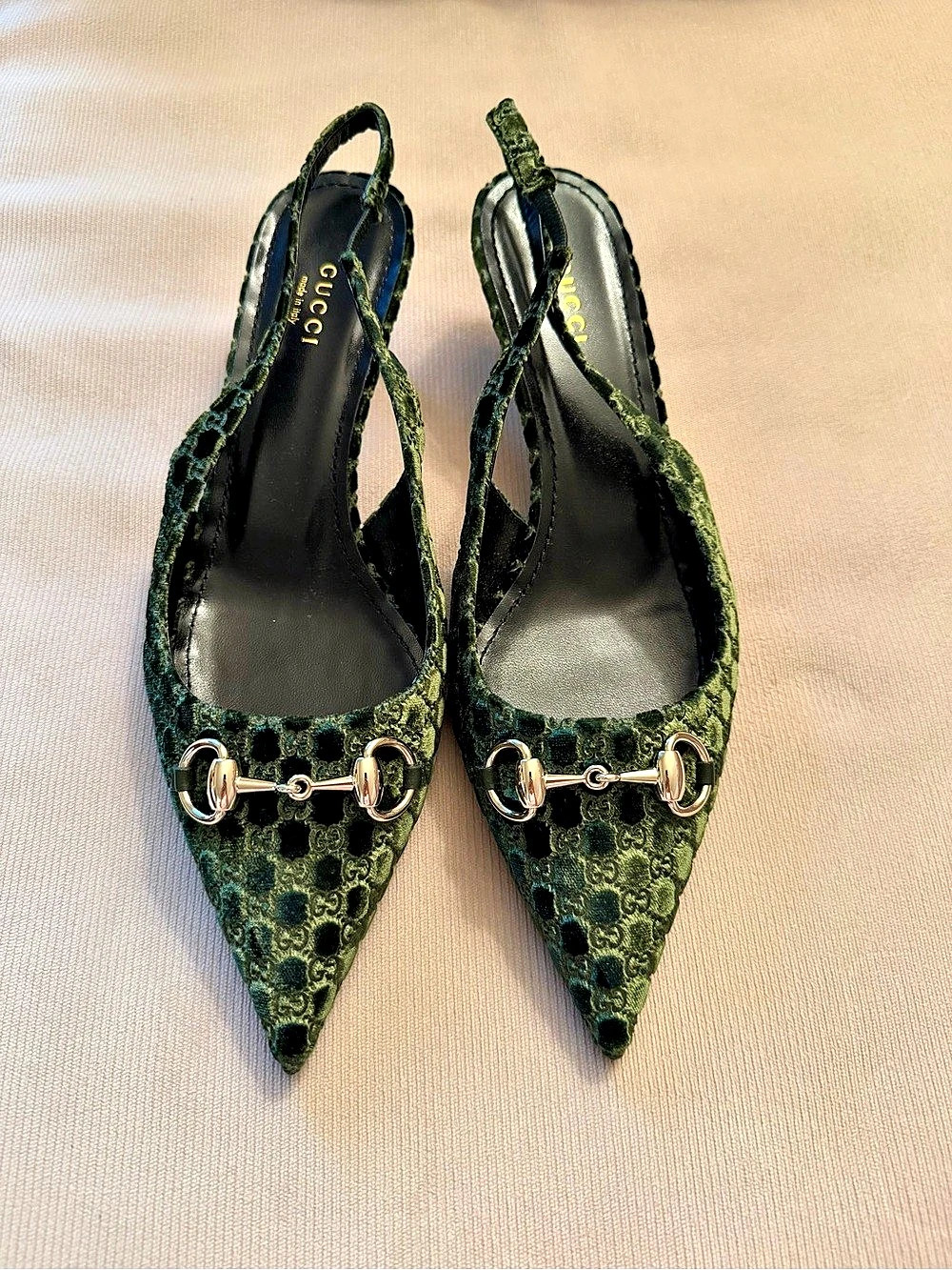 Gucci Horsebit GG Velvet Slingback Pump Green & Black Heels